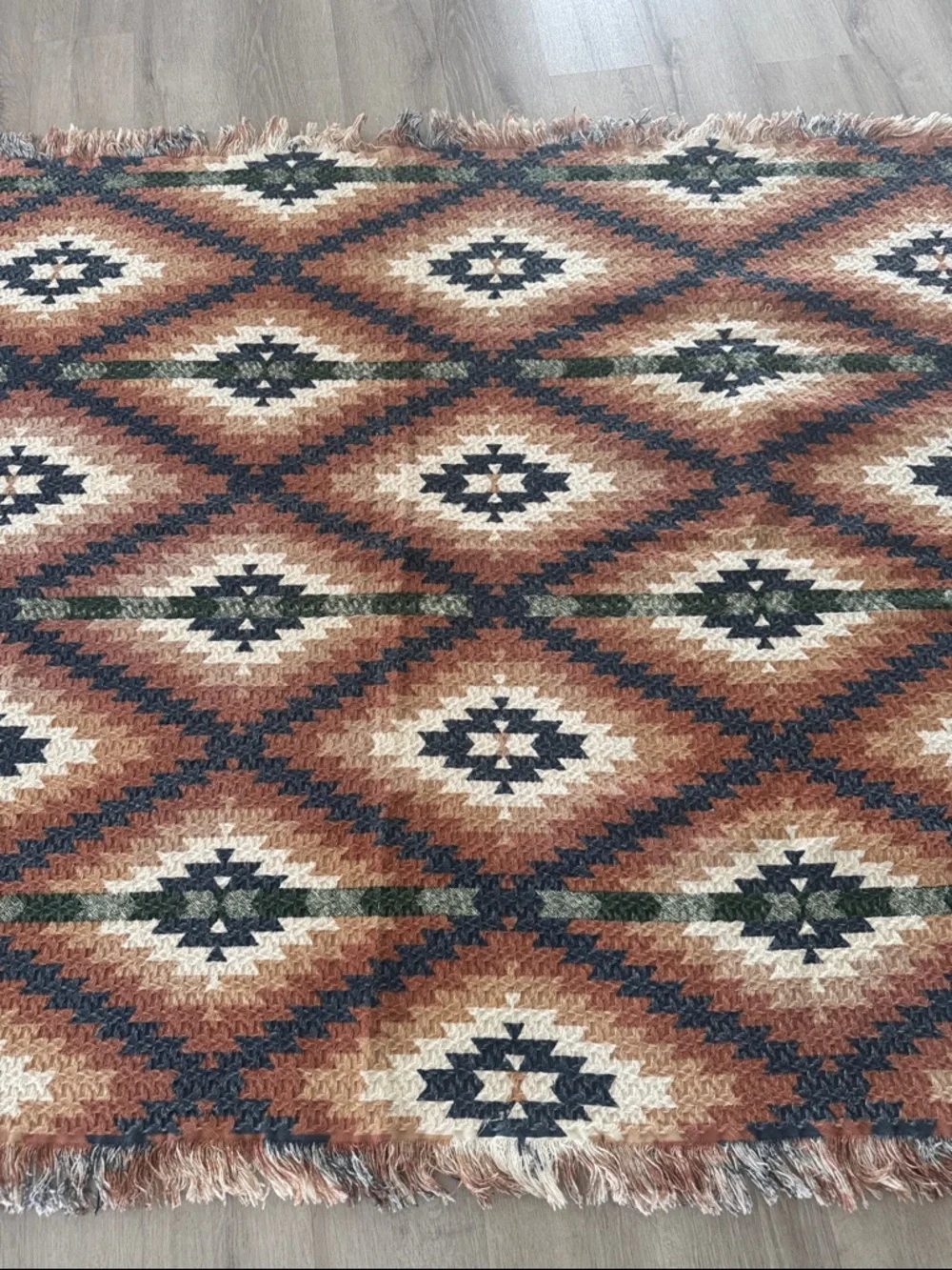 Aztec Geometric pattern woven Throw Blanket Tan Navy Rust Cotton 52x64 NEW